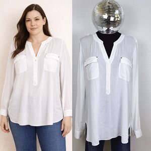 White House Black Market White Safari Blouse, Long Sleeve. Women's Size 14